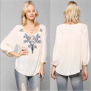 Ecote | Cream Embroidered Gauze Boho Peasant Top
